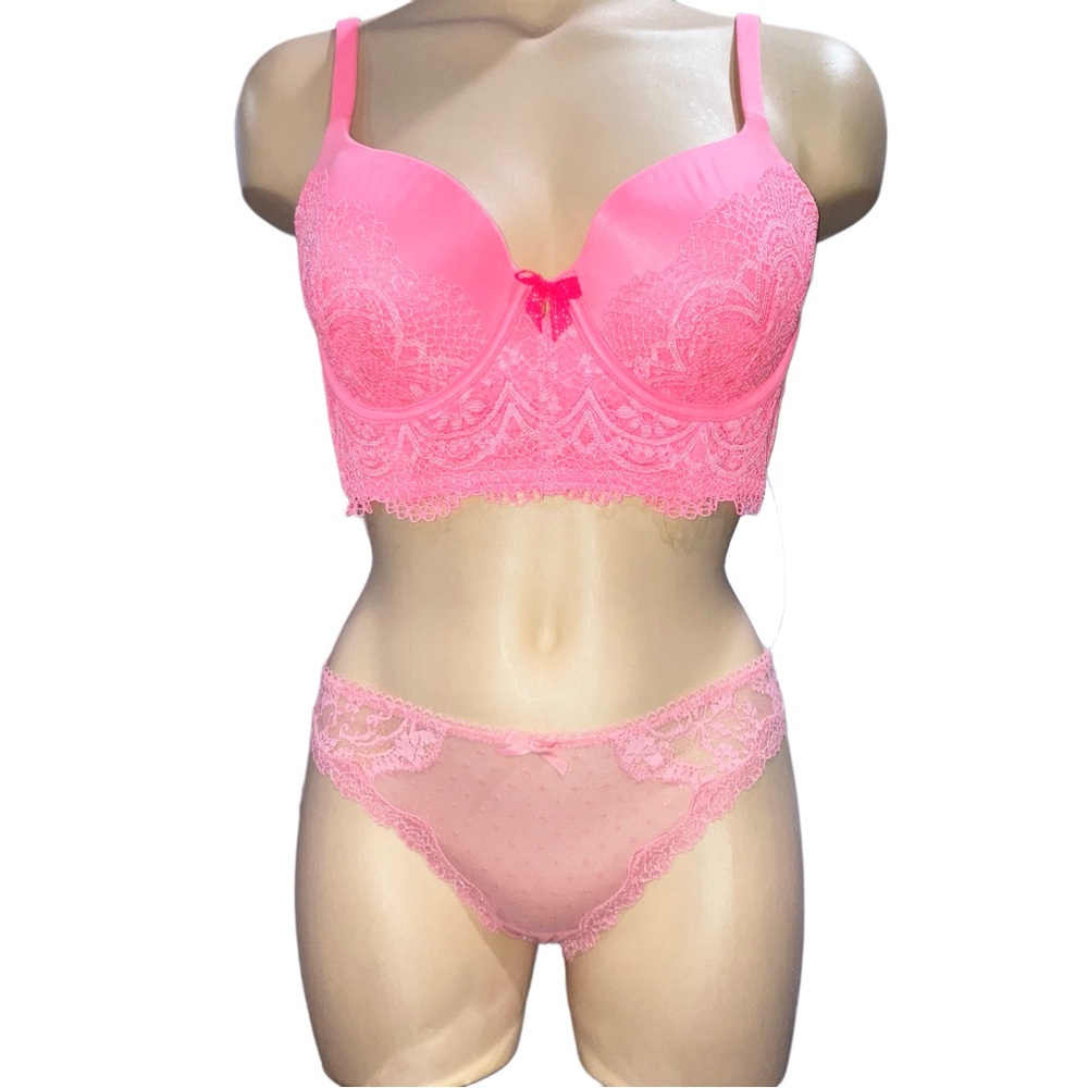 Victoria’s Secret Body Demi Lace Bustier Longline Bra Panty Set Pink Coral 34D S - Picture 8 of 11